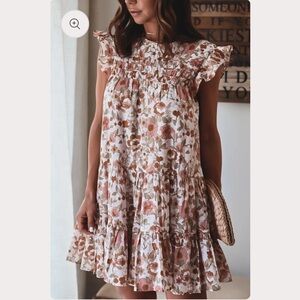 Pink Crew Neck Lotus Leaf Sleeve Floral Dress